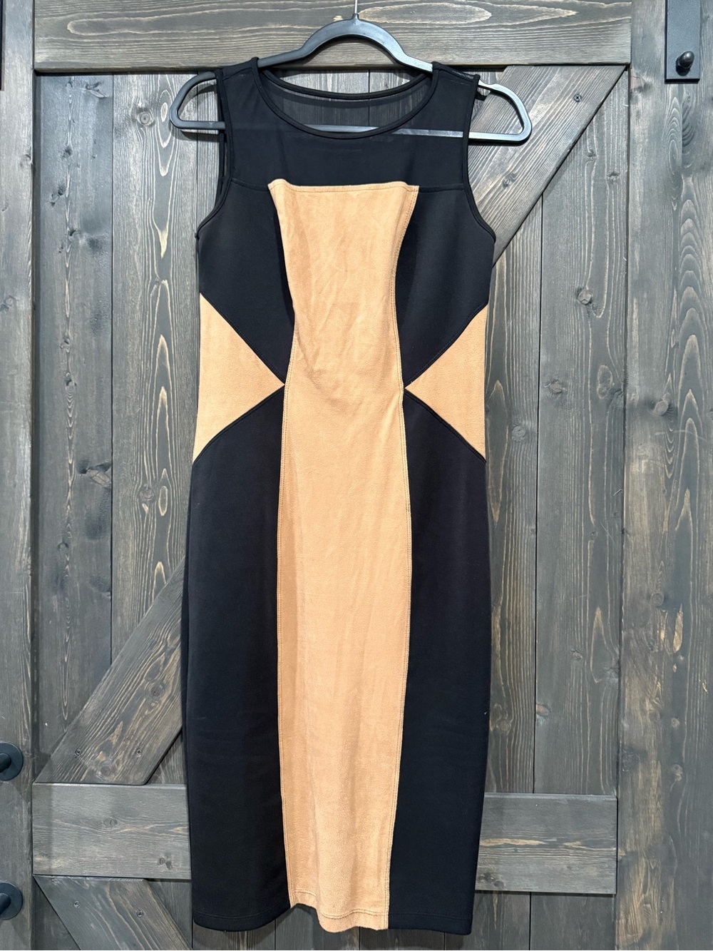 Black & Tan Faux Suede Color Block Bodycon Midi Dress